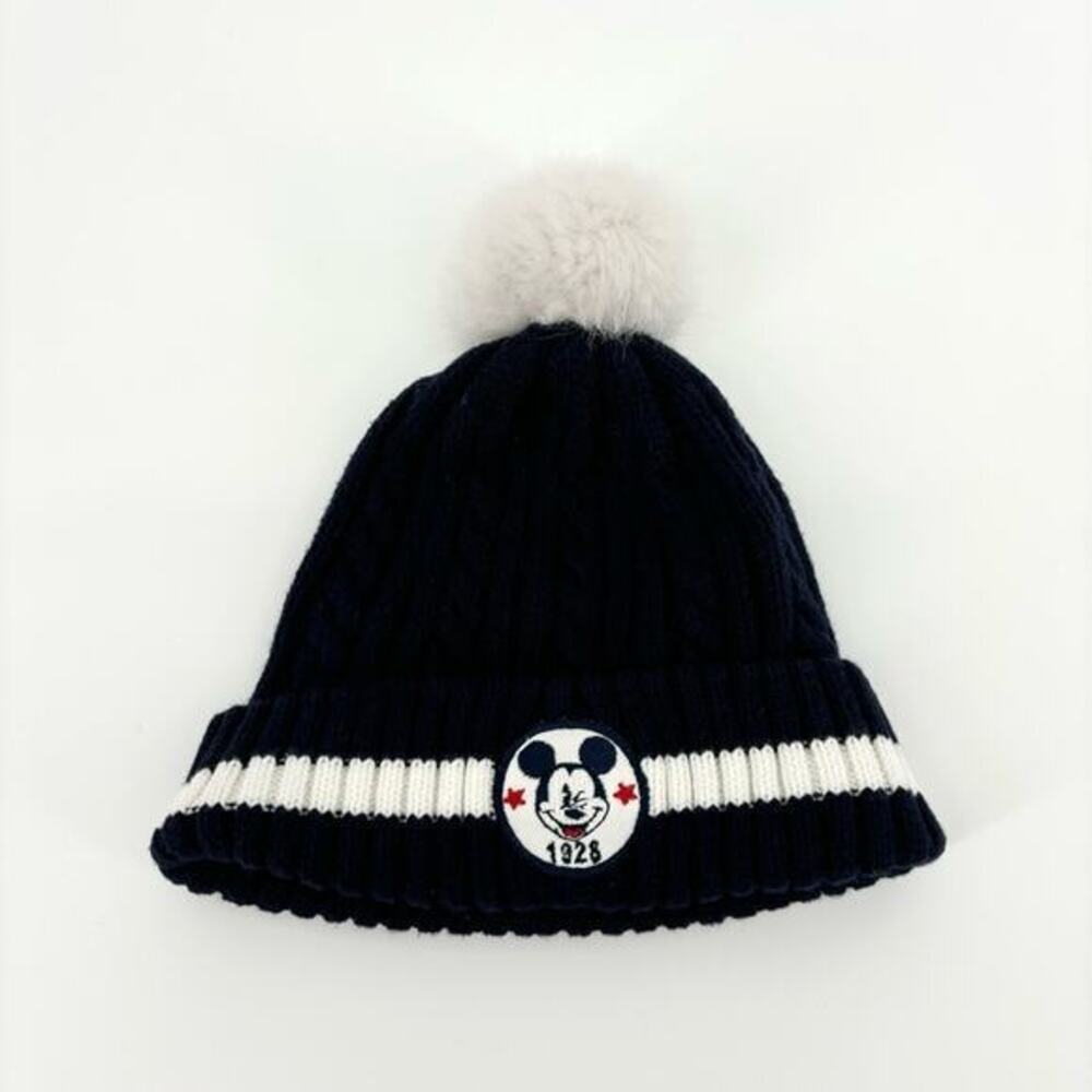 H&M Cable Knit Mickey Mouse Hat Pompom Size 2/6 Months Navy White